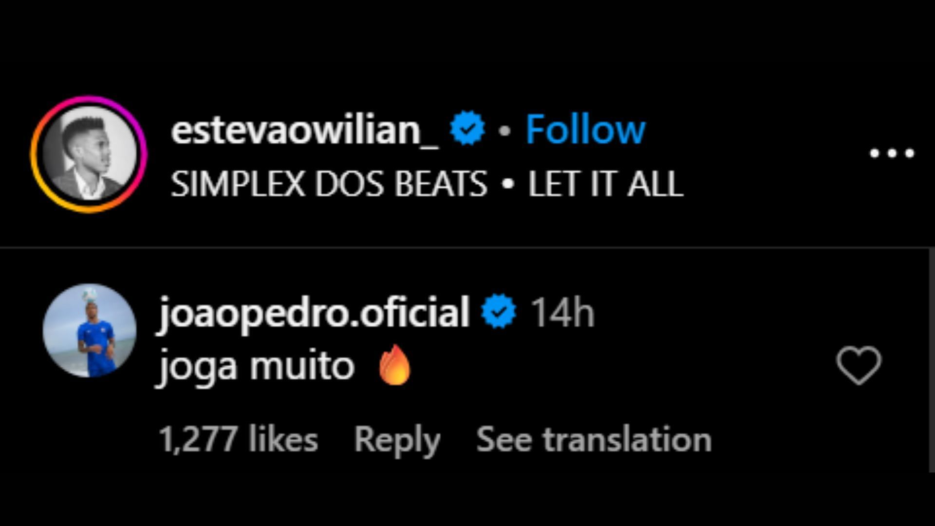 Joao Pedro's comment on Willian's post (Image via Instagram/@estevaowilian_)